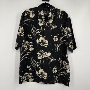 Tommy Bahama Hawaiian Shirt Size Large 100% Silk Floral Vacation Cruise Camp Bla